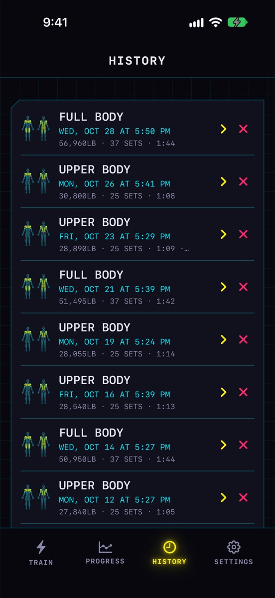 History: past workouts with date, total volume, sets and duration, each with a muscle map.