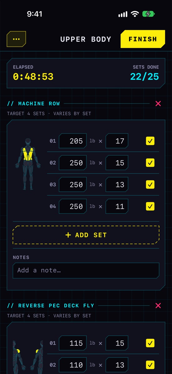 A workout in progress: Machine Row with four completed sets, a muscle map of the back, and 22 of 25 sets done.